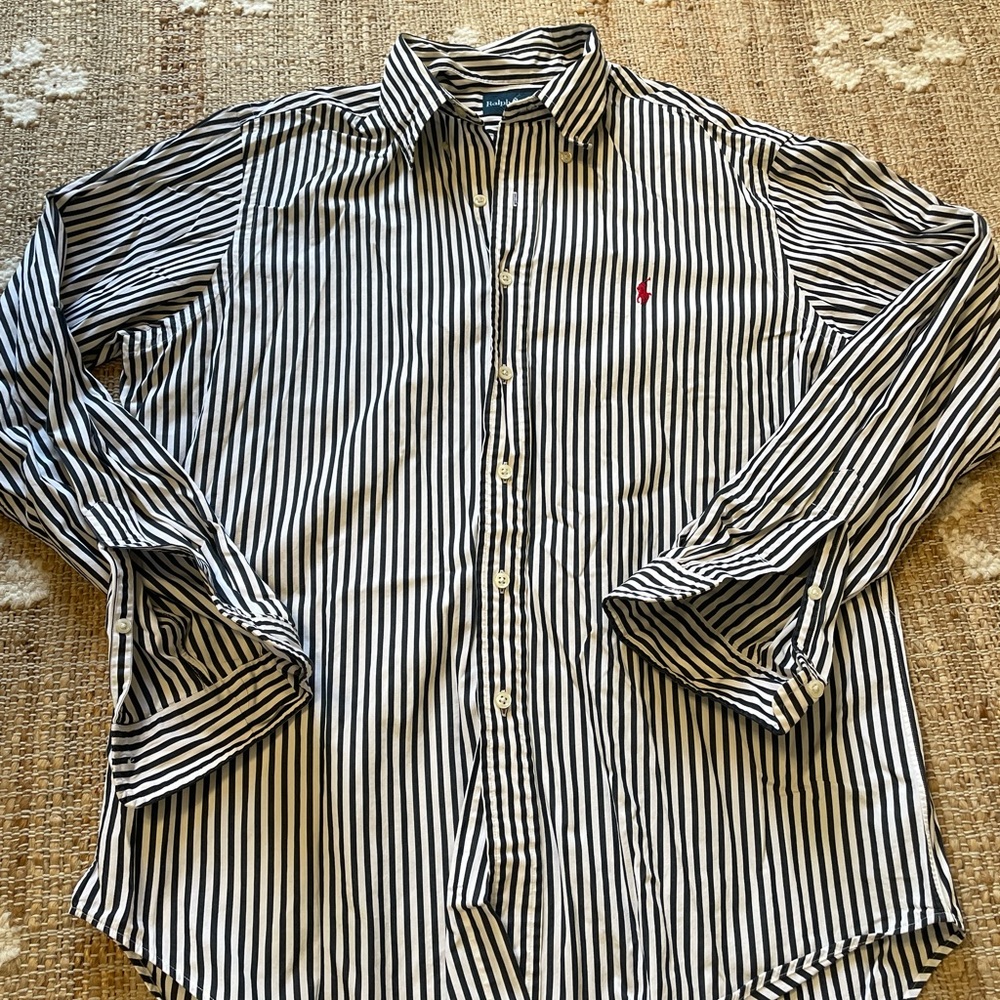 Ralph Lauren Classic Fit Button Down FrontOxford Front Black White Stripe Large